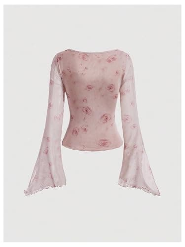 Verdusa Women's Y2K Tie Front Tops Bell Sleeve Floral Print Mesh Tops Long Sleeve Shirts 2000s Clothing thumbnail 3