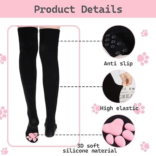YREYBN 1 Pair Thigh High Socks, Pink Cute Cat Paw Pad Socks, 3D Kitten Claw Stockings for Girls Women, Knee High Socks for Cosplay Halloween Party and Daily Lives(Black) thumbnail 4