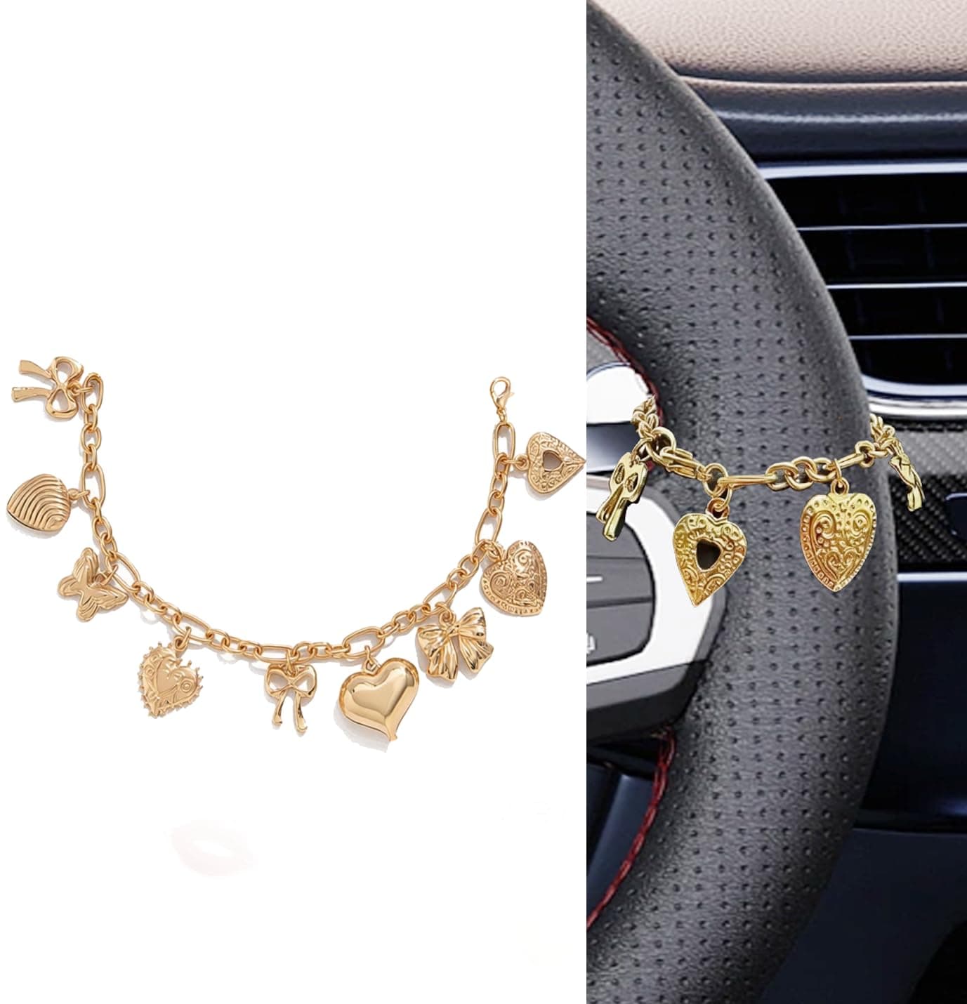 MORWLAT Steering Wheel Charm, Steering Wheel Accessory with Gold Heart Charm, Star Chain Car Interior Hanging Decor Rearview Mirror Car Rosary for Automotive Protection Charm Decor - Image 1