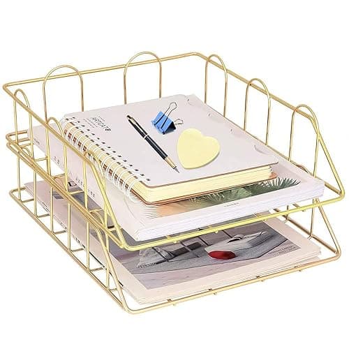 XINGHE Lot de 2 Corbeille Fichier Organisateur en Métal Empilable de Bureau, Classeur Papier Lettre Organisateur Plateau de classement A4 en métal pour la Maison (Doré) - Image 1
