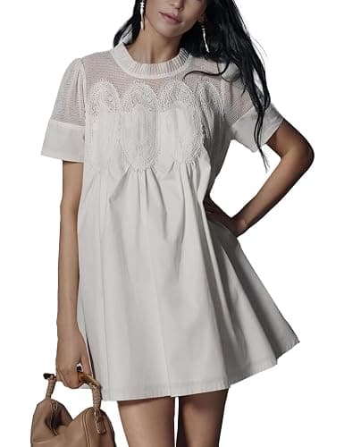 Shiyifa Womens Babydoll Lace Patchwork Dresses Summer Short Sleeve Ruffle Sundress Loose Crew Neck A-Line Dresses - Image 1