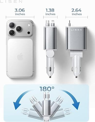 LISEN Retractable Car Charger for iPhone, for iPhone 17 Pro Max 16 15 14 13 12 Plus Mini, Cute 4 in 1 Retractable USB C Car Charger Fast Chareg for Women Men, 84W Fast Charging Car Accessorie thumbnail 5
