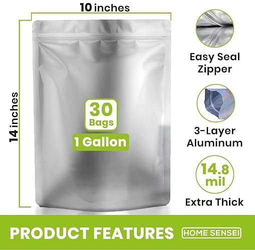 30 Mylar Bags for Food Storage 1 Gallon - Extra Thick 15 Mil - Long Term & Food Grade - Mylar Bags with Oxygen Absorbers 400cc- Zipper, Resealable, Stand-up Gousset - Bolsas Mylar con Abosrbentes thumbnail 2