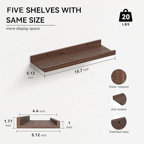 RICHER HOUSE 5 Set Floating Shelves for Wall Decor, Book Shelf, Nursery Shelves, Picture Ledge Shelf with Lip for Bedroom, Living Room, Bathroom - Walnut thumbnail 3