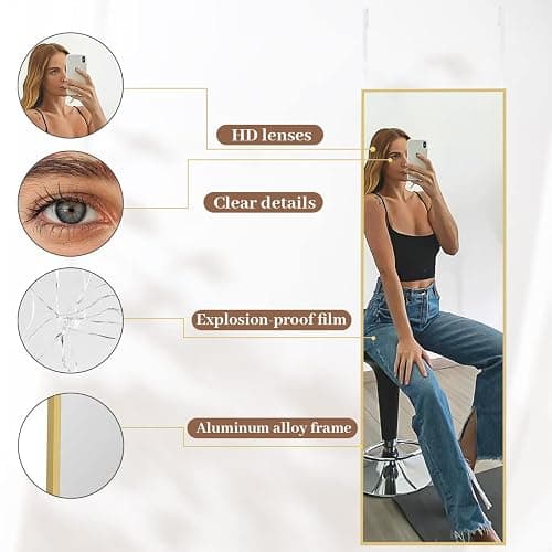 BEAUTYPEAK 16" x 50" Adjustable Height Over The Door Mirror, Gold | Full Length Hanging Door Mirror with Shatterproof Tempered Glass Aluminum Alloy Frame for Bedroom, Living Room, Bathroom,Dorm thumbnail 4