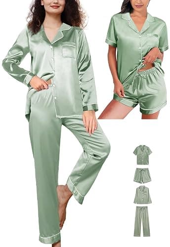 WJing Yi Jia 4Pcs Womens Silk Satin Pajama Sets Floral Pajamas Silky Pj Sets XS-2XL Button Down Pjs Set Loungewear Sleepwear thumbnail 5