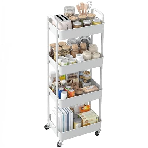 Sywhitta 4-Tier Plastic Rolling Utility Cart with Handle, Multi-Functional Storage Trolley for Office, Living Room, Kitchen, Movable Storage Organizer with Wheels, White thumbnail 9