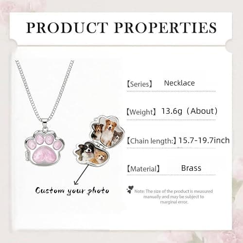 Exclugleam Custom Pet Paw Locket Necklace with Picture, Dog Memorial Gifts, Personalized Photo Cat Dog Necklace for Women thumbnail 2