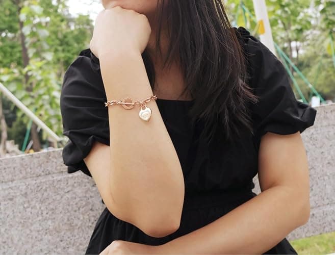pichuxiu Heart Charm Bracelet Plated 18K Gold Bible Verse Heart Bracelet for Women Her Link Chain Toggle Clasp Stainless Steel Silver Mother's Day - Rose Gold thumbnail 5