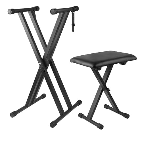 Bazayona Keyboard Stand Piano Bench Set, Double X Adjustable Keyboard Stand Piano Stand with Lockable Straps, (Piano Keyboard Stand x 1, Piano Bench x 1), (7 Adjustable Heights), Black - Image 1