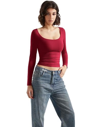 SUUKSESS Women Double Lined Fitted Basic T Shirts Scoop Neck Long Sleeve Crop Top thumbnail 5
