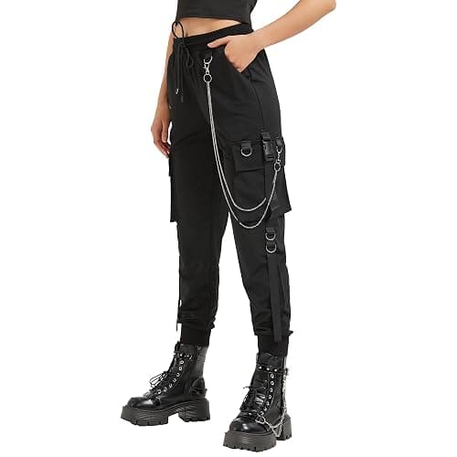 MEINVQIAOTI Black Cargo Pants for Women Techwear Women Loose Street Rock Style Casual Black Pants with Chain Goth Pants - Image 1