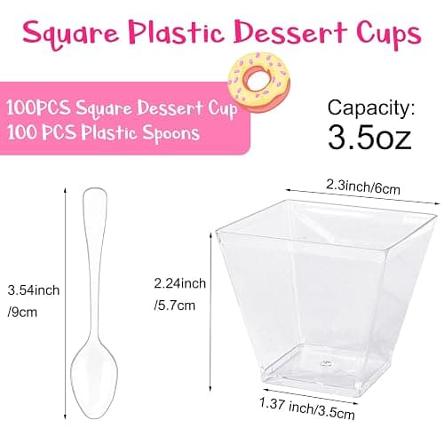 100 Pack 3.5 oz Plastic Dessert Cups with Spoons,Clear Square Mini Dessert Cups,Small Tumbler Appetizer Cups Parfait Cups for Desserts,Mousse,Puddings,Party Supplies thumbnail 3