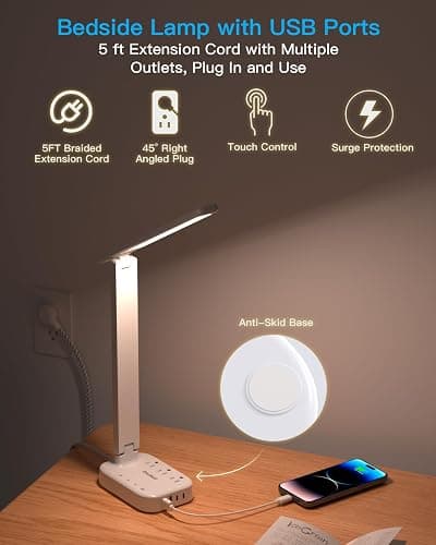 Power Strip with LED Desk Lamp, 3 Outlets 4 USB Ports(2 USBC) 4 Modes 5 Level Touch Lamp Small Desk Lamp for Home Office Bedroom Bedside, Study Reading Light, 5ft Extension Cord, Dorm Room Essentials - 5 Ft - White thumbnail 4