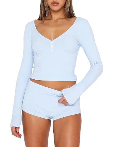 REVETRO Fall Womens 2 Piece Pajama Sets Sexy PJ Shorts Y2k V Neck Long Sleeve Lounge Set Sleepwear with Button Down - Image 1