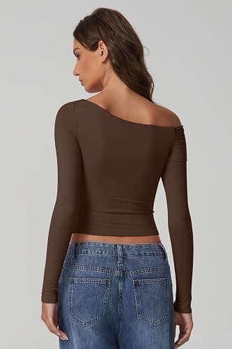 QINSEN Women Long Sleeve Off Shoulder Tops Trendy Double Lined Going Out Shirt for Fall thumbnail 5