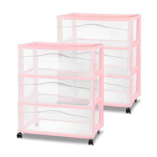 Sterilite 2 Pack Wide 3 Drawer Storage Cart, Rolling Organization, Pink | Clear Plastic Organizer Drawers with Wheels for Craft Supplies, Bath Essentials, or Home Accessories - Image 1