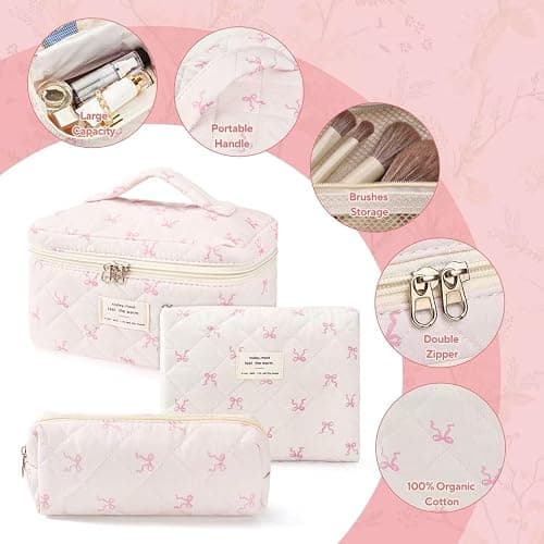 MZLUWM 3Pcs Makeup Bag Cute Cosmetic Bags for Women, Large Capacity Travel Quilted Makeup Bag Set,Cotton Floral Makeup Pouch, Coquette Puffy Toiletry Bag,Attractive Quilted Pouch (Pink bow) thumbnail 4