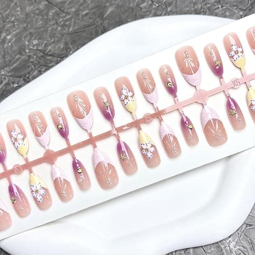 30Pcs Purple Flower Press on Nails Medium Almond French Tip Fake Nails with Gold Shell Starfish Gems Design Summer Stick on Nails Full Cover Artificial Glue on Nails Handmade False Nails for Women DIY thumbnail 4
