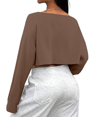 Avanova Women Off The Shoulder Crop Tops Long Sleeves Boat Neck Oversized Loose Tee Shirts - Small - Brown thumbnail 2