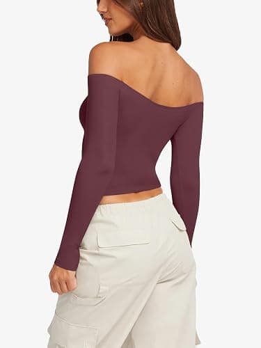 LASLULU Womens Sexy Off The Shoulder Long Sleeve Workout Tops Strapless T Shirts Crop Top Casual Fall Outfits thumbnail 5