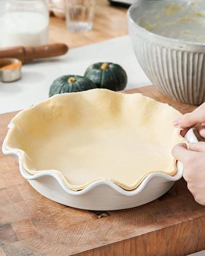 LE TAUCI Ceramic Pie Pans for Baking, 11 Inches Deep Dish Pie Plate for Apple Pie, Pot Pie, 48 Ounce Baking Dish with Ruffled Edge, Set of 2, White thumbnail 2