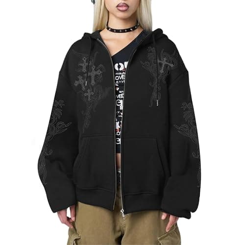 Kelxjia Zip Up Hoodies Y2k Jacket Graphic Gothic Jackets Grunge Cross Hoodie Baggy Streetwear Emo Sweater Aesthetic Clothes thumbnail 2