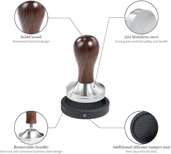 USEAMIE Coffee Tamper Espresso Press with Tamper Mat 304 Stainless Steel Flat Base Wooden Handle for Coffee Grounds Barista Espresso Machines Accessory (51MM) thumbnail 3