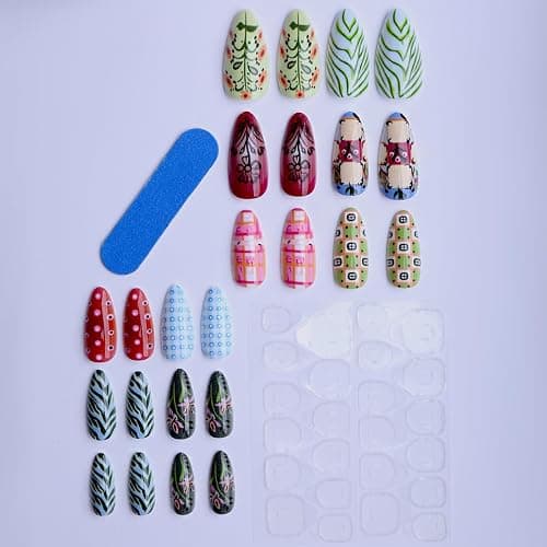 Medium Press on Nails Almond Fake Cute False Nail Fall Artificial Rainforest Charm Colorful Stick on Nails for Women 24pcs thumbnail 3