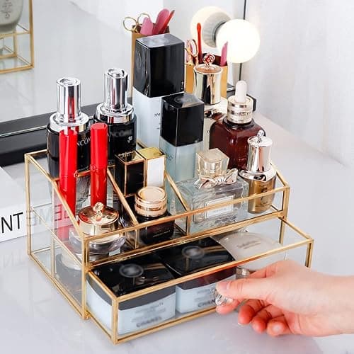 YUEHUA Glass Makeup Organizer, Clear Makeup Brush Organizer Jewelry Display Box, Gold Makeup Nail Polish Lipsticks Eyeliners Holder Organizer for Vanity Bathroom Office thumbnail 5