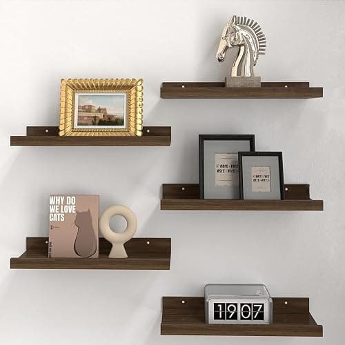 RICHER HOUSE 5 Set Floating Shelves for Wall Decor, Book Shelf, Nursery Shelves, Picture Ledge Shelf with Lip for Bedroom, Living Room, Bathroom - Walnut - Image 1