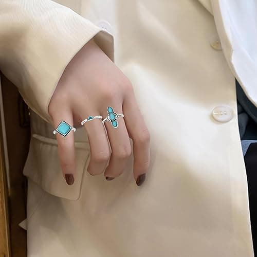NEWITIN 20 Pcs Turquoise Rings for Women Vintage Knuckle Western Ring Set | Bohemian Oval Gemstone Stackable Rings, Knuckle Silver Rings Set, Boho Turquoise Jewelry for Cowgirl, Country Concert Outfits thumbnail 4