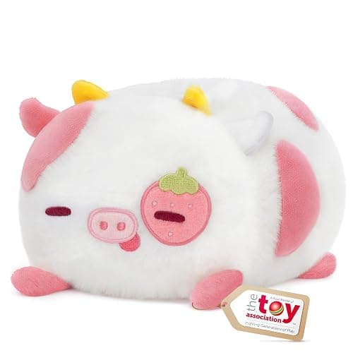 Mewaii Strawberry Cow Plush Pillow, Kawaii Cow Stuffed Animals, Cute Plushies for Girls, Soft Pink Cow Plush, Birthday Gifts for Kids Adults Teens (8 Inch) - Image 1
