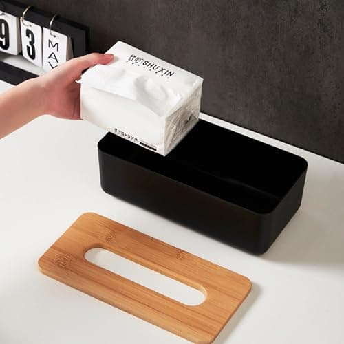 Tissue Box with Bamboo Cover,Plastic Tissue Organizer,Bathroom Tissue Dispenser for Home,Bedroom,Office,Living Room,8.1×4.6×2.9 in (Black) thumbnail 5
