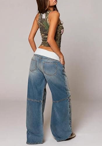 Ptorlio Womens Wide Leg Jeans Baggy Low Rise Y2K Stretchy Streetwear Color Block Denim Pants Trendy thumbnail 7