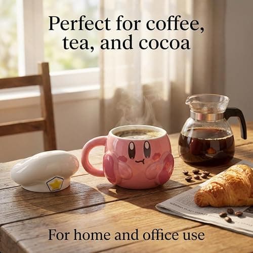 Bibykivn Taza Creativa De Cerámica Regalos Para Niños Y Parejas Cerámica Diseño De Dibujos Animados 500 Mililitros Taza Moca Original Bonita Decorativa Para Café Té Con Tapadera (Kirby) thumbnail 5