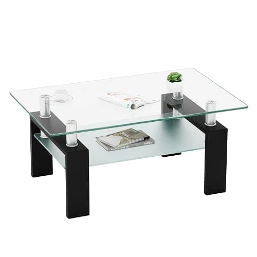 IANIYA Coffee Table with Metal Tube Legs, Glass and Rectangle End Table for Livingroom (Black) - Image 1