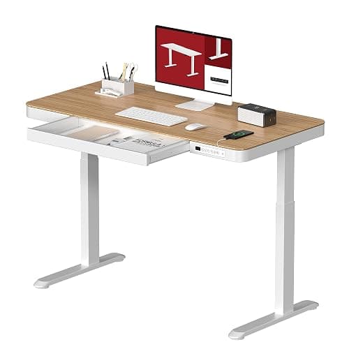 Standing Desk with Drawer, Electric Height Adjustable Home Office Desk with Storage & USB Ports, 48 inch Bamboo Texture Tabletop/White Frame - Image 1