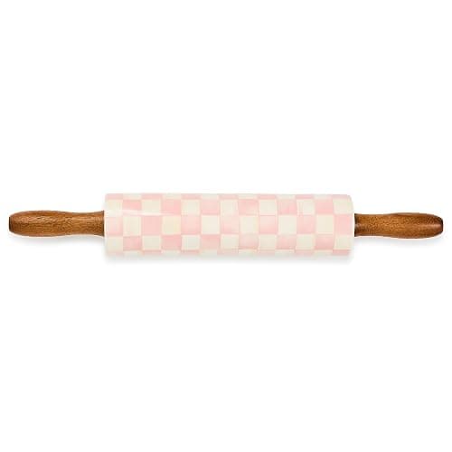 MACKENZIE-CHILDS Rolling Pin, Ceramic Decorative Roller Pin for Baking, Pink-and-White Rosy Check - Image 1
