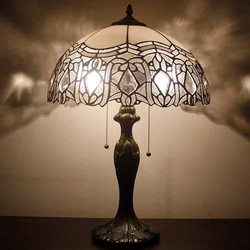 WERFACTORY Tiffany Style Table Lamp White Stained Glass Crystal Bedside Lamp 16X16X24 Inch Desk Reading Light Metal Base Decor Bedroom Living Room Home Office S508W Series thumbnail 6