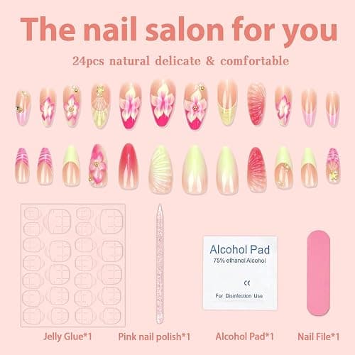 Quezadyl 24pcs Summer Press on Nails Medium Almond Plastic False Nails with 3D Flower, Metal Starfish Charms Designs Summer Beach Full Cover Acrylic Nails for Women thumbnail 3