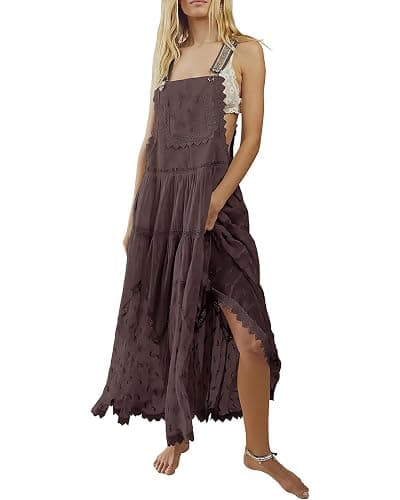 ebossy Women's Laced Embroidered Tulle Bib Dress Casual Loose Adjustable Straps Maxi Dress - Image 1