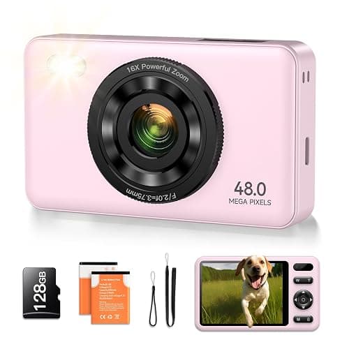 Digital Camera with 128GB SD Card Autofocus 48MP 2.7K Cameras for Photography 16X Digital Zoom Anti Shake 2 Batteries Kids Camera for Beginner Boys Girls Teens-Pink - Image 1