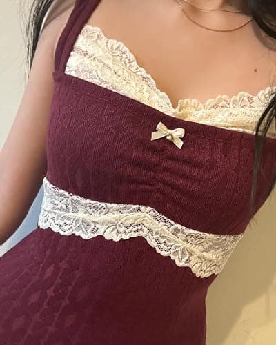 Women's Lace Trim Cami Tops Cable Knit Fairy Grunge Camisole Top Coquette Aesthetic Clothes thumbnail 4