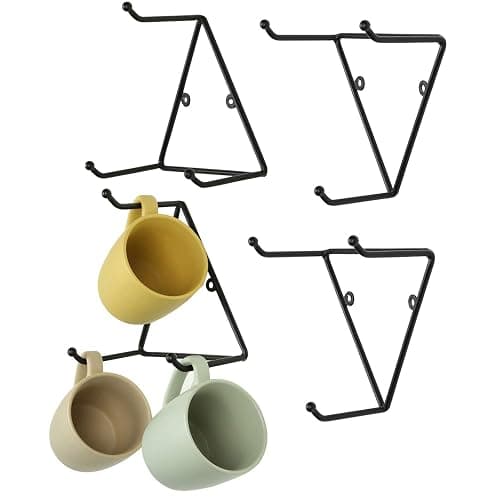 MyGift Matte Black Metal Triangular Coffee Mug Holder Wall Mount Display Rack Mug Organizer with 3 Hooks, Set of 4 - Image 1