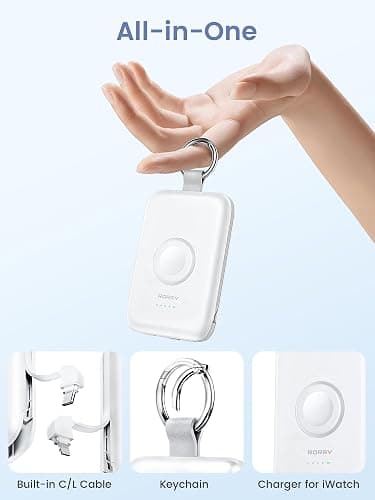 RORRY Portable Charger, 10000mAh PD 20W Fast Charging Portable Charger Power Bank with Built in Cables, Travel Battery Pack for iPhone 17/16/15/14/13/12 and Apple Watch Ultra/11/10/9/8/7/6/5, White thumbnail 2