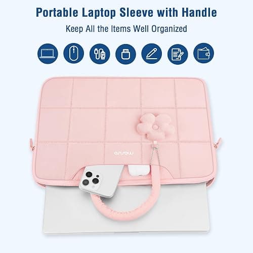 MOSISO 13-14 inch Laptop Case, 13.3 inch Puffy Laptop Sleeve Compatible with MacBook Air 13 13.6/Pro 13/Pro 14,HP Acer Dell ASUS Lenovo, Rectangle Quilted Computer Bag with Handle&Flower Pendant, Pink thumbnail 5