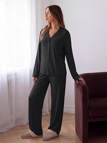 Trendy Queen Women Pajamas Set Sleepwear Fall 2 Piece Soft Lounge Pjs | Button Down Pajamas,Long Sleeve Top and Wide Leg Pants,Soft Loungewear,Button Up,Fall Fashion Clothes 2026 thumbnail 3