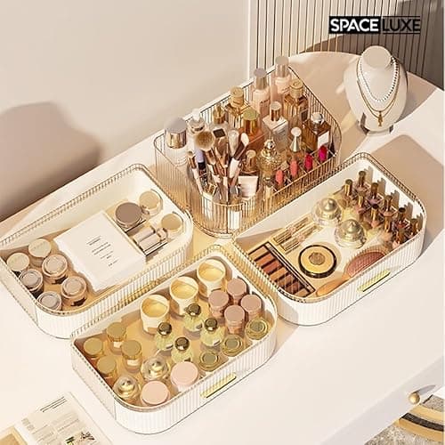 SpaceLuxe Makeup Organizer with Drawers and 360° Rotating Brush Holder, Large Capacity Cosmetic Storage for Vanity, Skincare, Perfume, Hair Accessories, Lipstick & Jewelry (Cream White, 2-layer) thumbnail 4