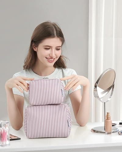 Narwey Striped Makeup Bag Travel Cosmetic Bag Organizer Toiletry Bag Make Up Bags with Compartments for Women Girls (Large, Dusty Rose Stripe) thumbnail 6